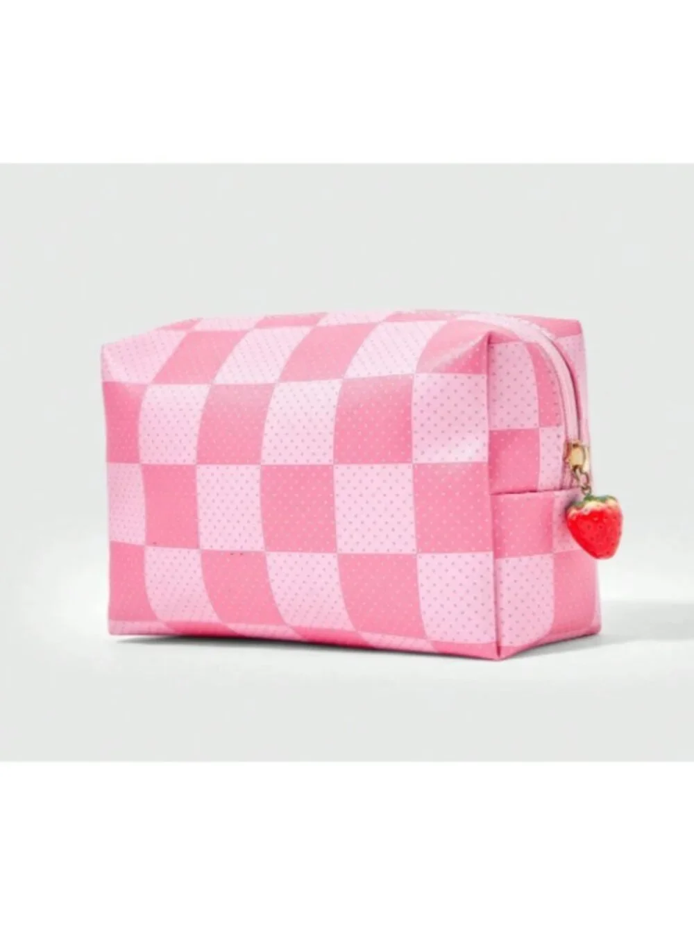 Strawberry Shortcake Pink Checkered Cosmetic Bag Cute Travel Makeup Pouch Charm